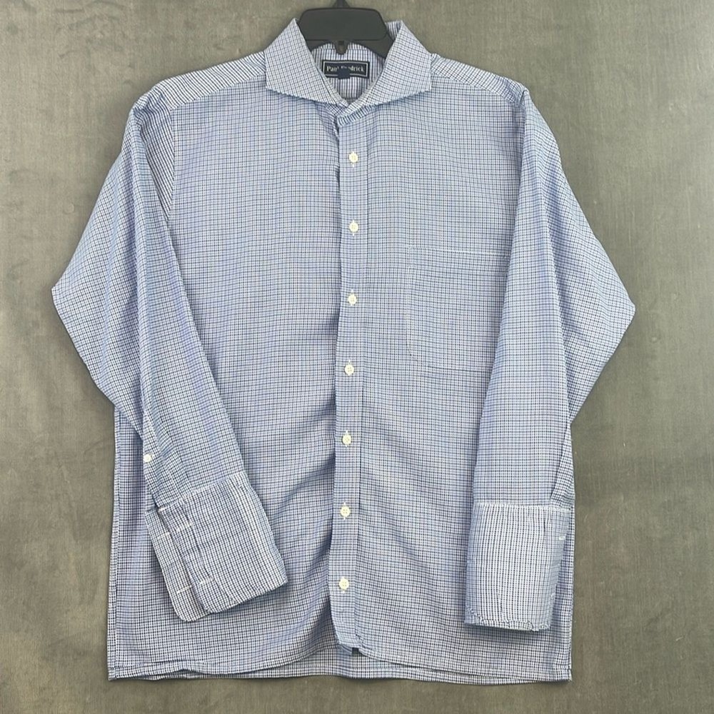 Paul Fredrick Mens 17-32 Blue White Houndstooth Imperial 100s Cotton Shirt
